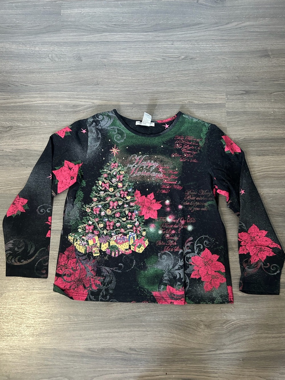 Y2K Holiday Christmas Tree Long Sleeve Top with Pink Poinsettias All Over Print